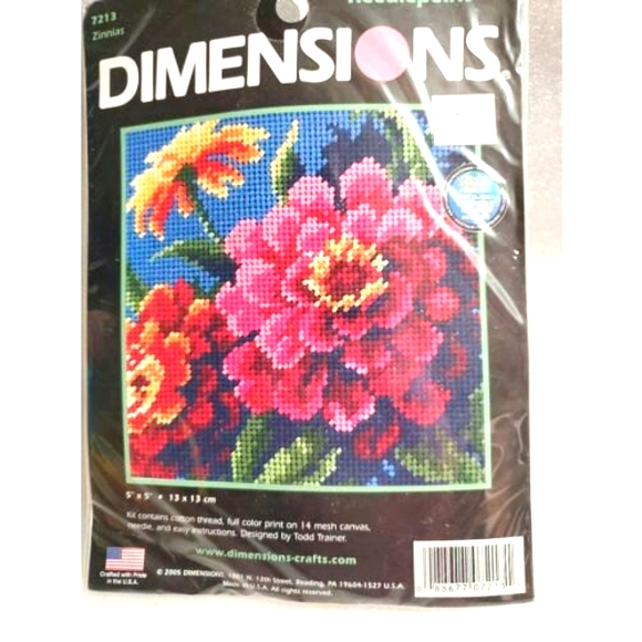 Other - Dimensions Mini Needlepoint Kit 5X5" 7213 Zinnias Stitched In Thread new.
